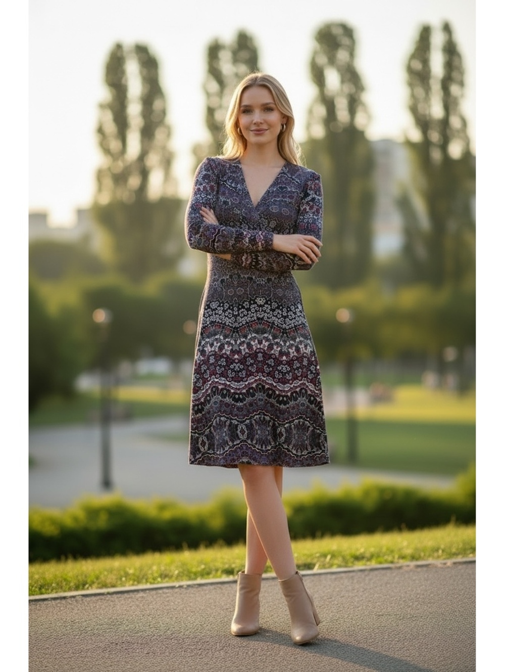 Nicole by Nicole Miller Women's Printed Long Sleeve V-Neck Dress, Size M